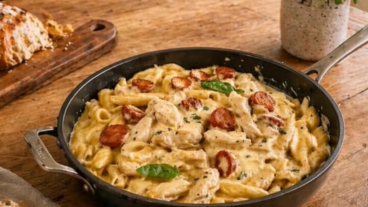 A steaming, creamy pepper jack pasta dish in a black skillet with chicken and sausage, viewed from above.