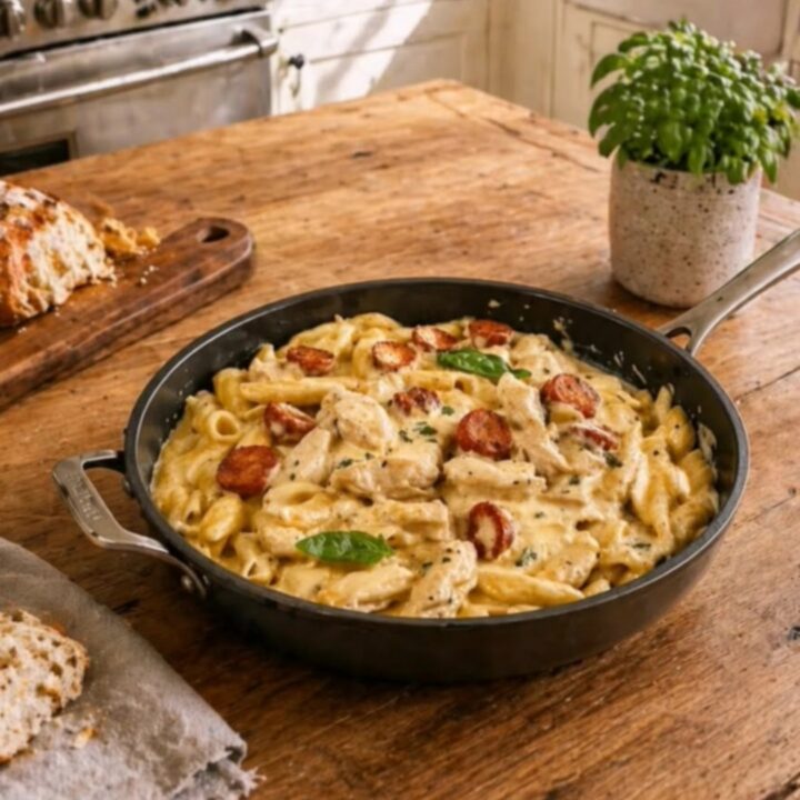 A steaming, creamy pepper jack pasta dish in a black skillet with chicken and sausage, viewed from above.