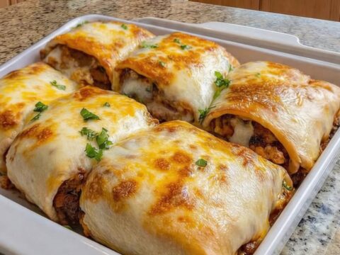A golden, crispy taco pocket sitting in a white baking dish with melted cheese visible.