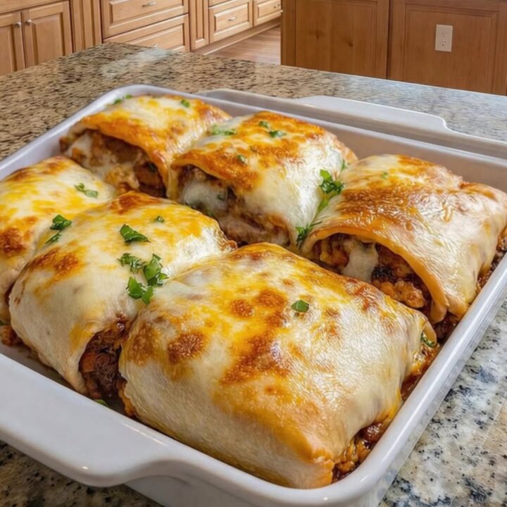 A golden, crispy taco pocket sitting in a white baking dish with melted cheese visible.