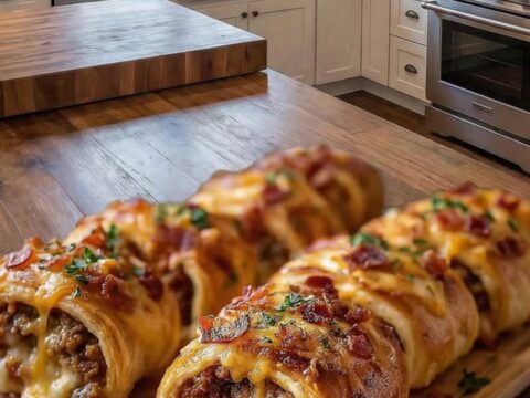 A golden-brown cheesy bacon beef crescent roll on a wooden board with melted cheese stretching out.