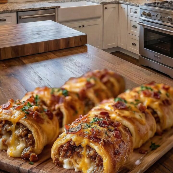A golden-brown cheesy bacon beef crescent roll on a wooden board with melted cheese stretching out.