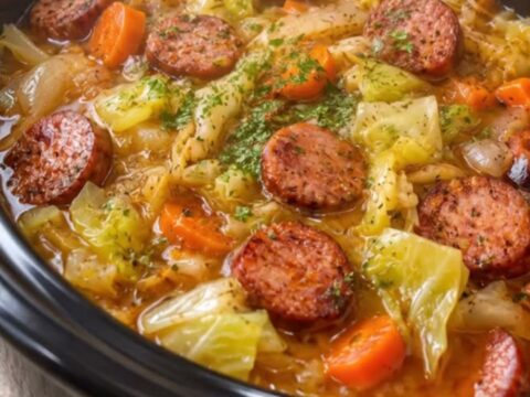 A steaming bowl of cabbage and sausage stew filled with tender green cabbage, bright carrot slices