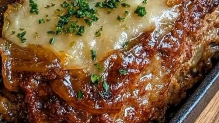 A juicy French onion meatloaf baked in a cast iron skillet, topped with sweet caramelized onions and bubbly melted Gruyere