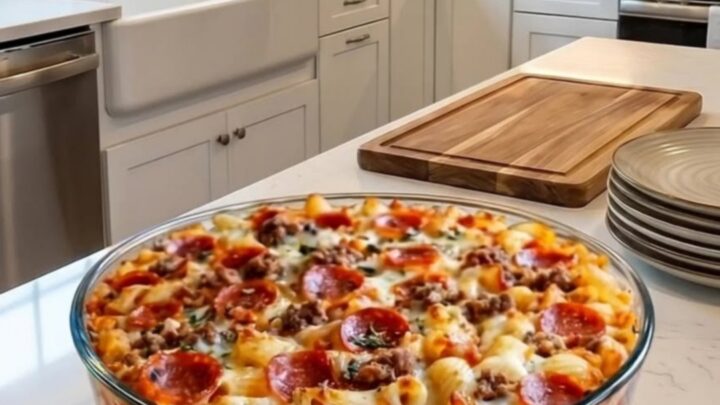 A deep glass baking dish filled with rigatoni pasta, pepperoni, and melted mozzarella cheese.