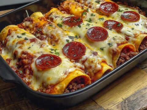 A close-up view of cheesy pizza enchiladas in a black baking dish with a rich cheese pull.