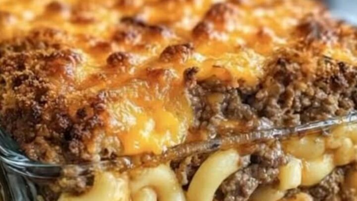 A steaming square of golden-brown mac and cheese meatloaf casserole sitting on a white plate.