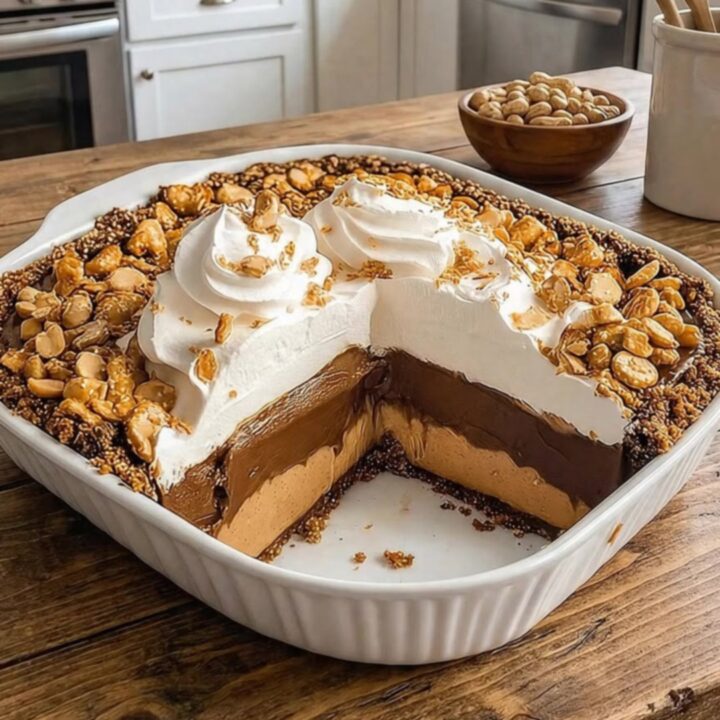 A slice of no-bake peanut butter chocolate pretzel pie on a white plate showing distinct layers.