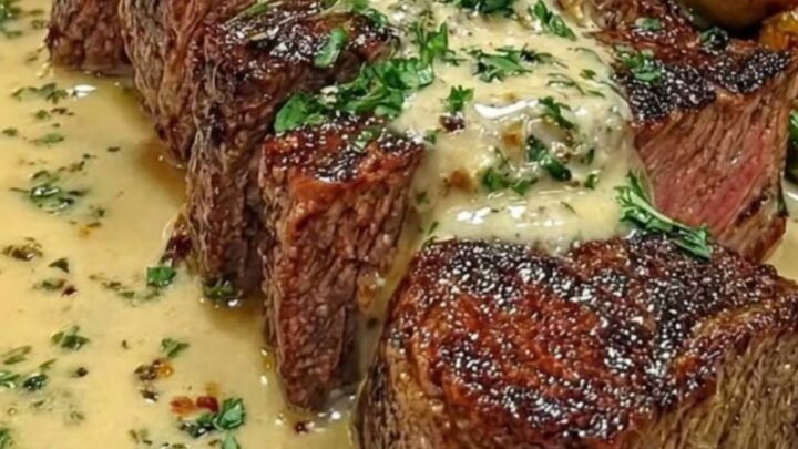 Tender, sliced steak topped with a rich, creamy garlic butter sauce on a white platter.
