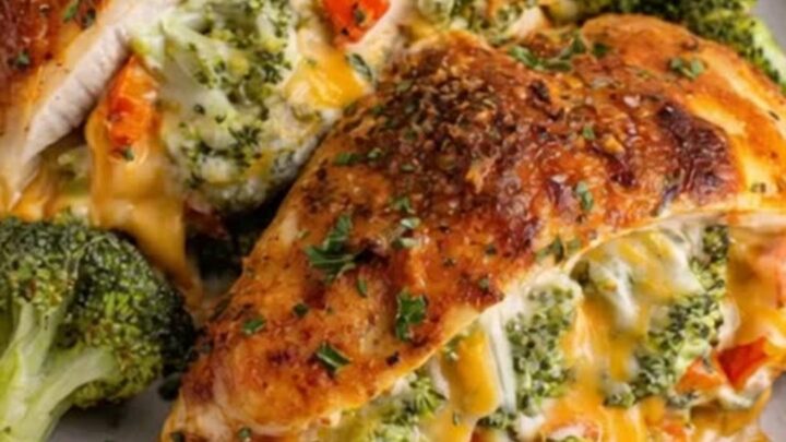A golden-brown skillet-seared chicken breast sliced open to reveal a molten cheddar and broccoli filling.