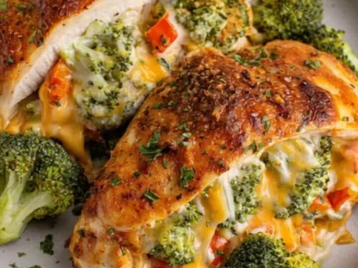 A golden-brown skillet-seared chicken breast sliced open to reveal a molten cheddar and broccoli filling.