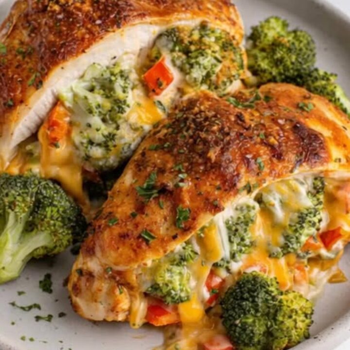 A golden-brown skillet-seared chicken breast sliced open to reveal a molten cheddar and broccoli filling.
