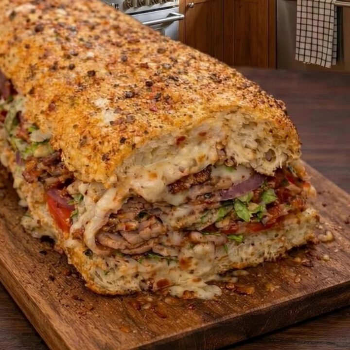 A close-up of a loaded Italian cheese melt sandwich on a wooden cutting board with a visible cheese pull.