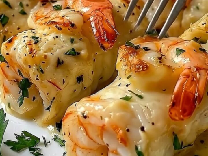 A close-up of cheesy garlic butter shrimp bites served on a white plate with fresh parsley.