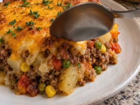 A golden, bubbling hobo casserole served in a glass baking dish with visible layers of beef and potatoes.