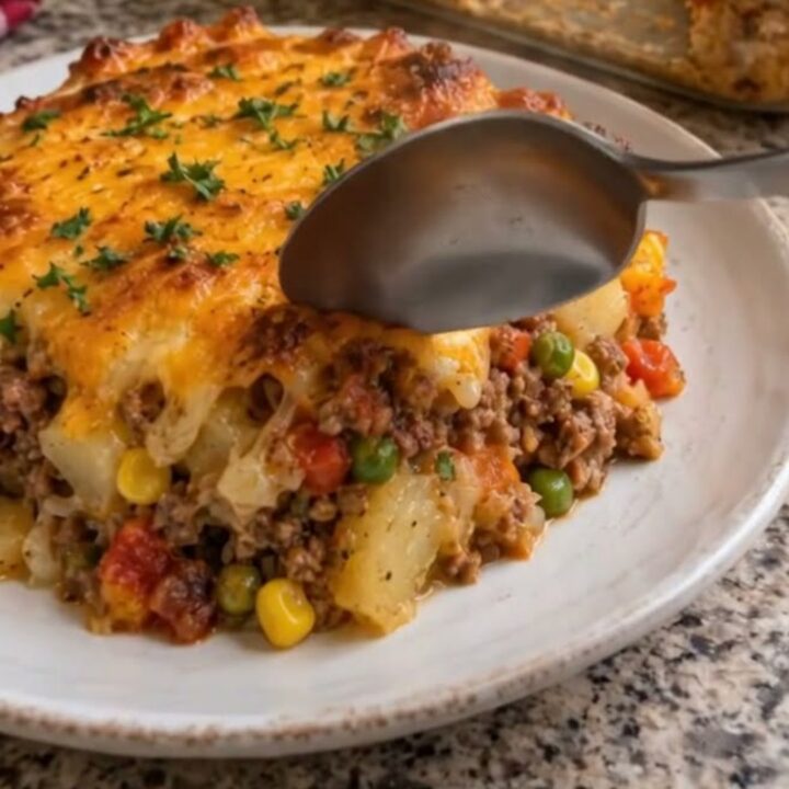 A golden, bubbling hobo casserole served in a glass baking dish with visible layers of beef and potatoes.