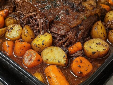 A close-up of a tender beef chuck roast surrounded by golden potatoes and carrots in a rich gravy inside a roasting dish.