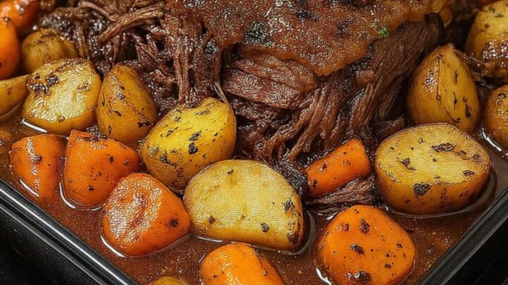 A close-up of a tender beef chuck roast surrounded by golden potatoes and carrots in a rich gravy inside a roasting dish.