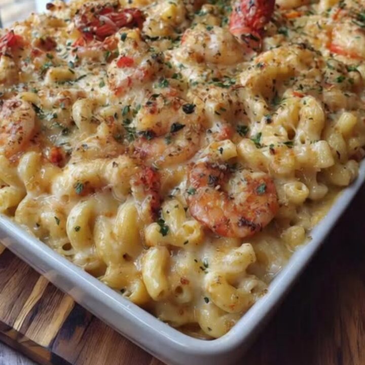 A steaming spoonful of ultra-creamy seafood mac and cheese showing a rich cheese pull and plump shrimp