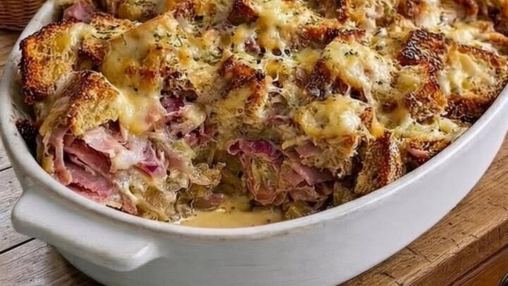 A golden-brown baked Reuben casserole in a white oval dish, showing toasted rye cubes and melted Swiss cheese.