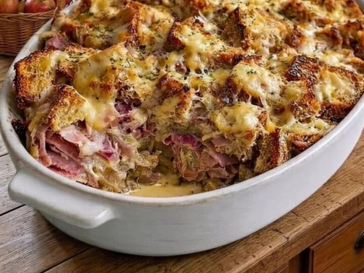 A golden-brown baked Reuben casserole in a white oval dish, showing toasted rye cubes and melted Swiss cheese.