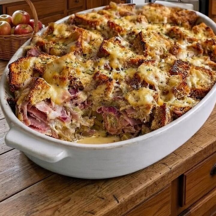 A golden-brown baked Reuben casserole in a white oval dish, showing toasted rye cubes and melted Swiss cheese.
