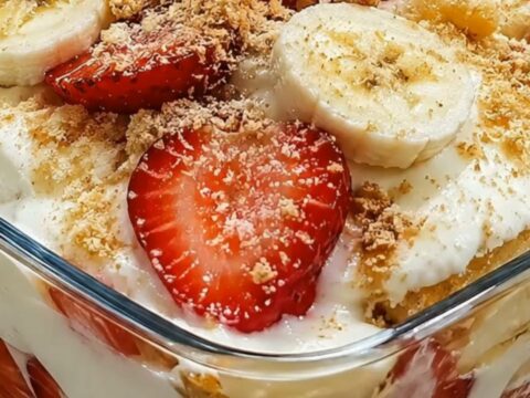 A glass dish filled with layers of creamy banana pudding, sliced strawberries, banana coins, and crushed vanilla wafers.