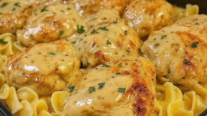 Golden-seared chicken breast served over a bed of buttery egg noodles.