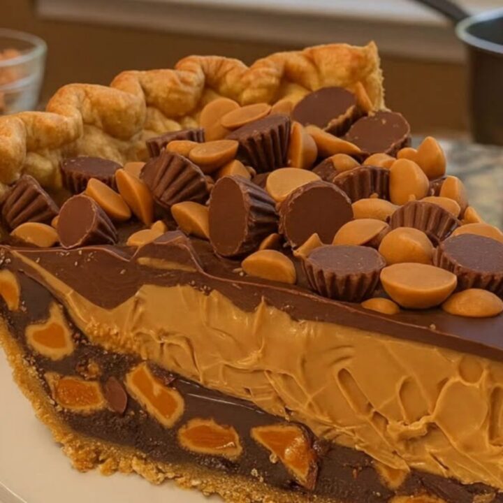 A thick slice of peanut butter pie with visible layers and peanut butter cups on a white plate.