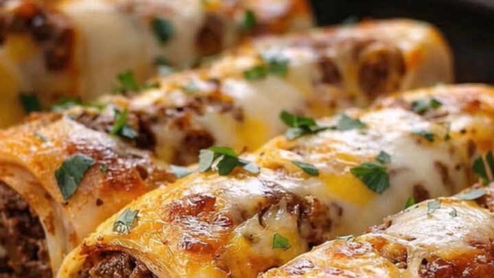A golden, cheese-topped beef roll-up being lifted from a baking pan with a spatula.