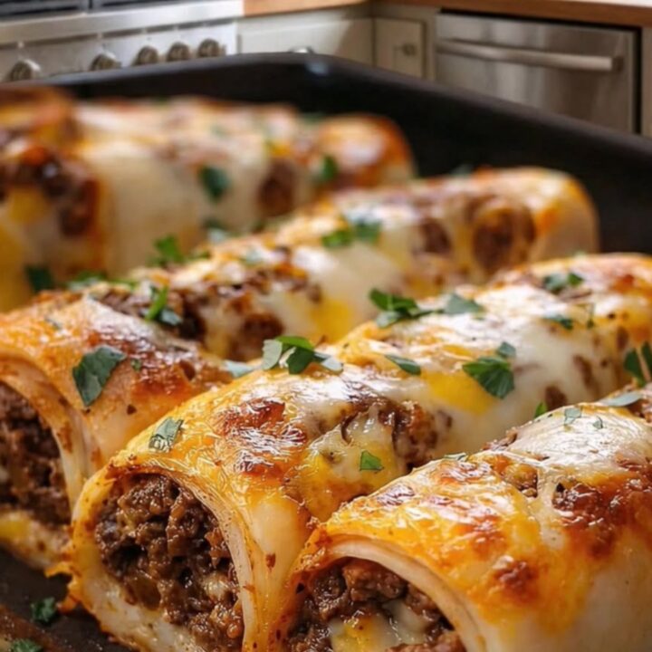 A golden, cheese-topped beef roll-up being lifted from a baking pan with a spatula.