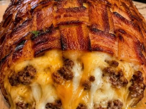 A golden bacon-wrapped meatloaf resting on a wooden cutting board with oozing melted cheese.