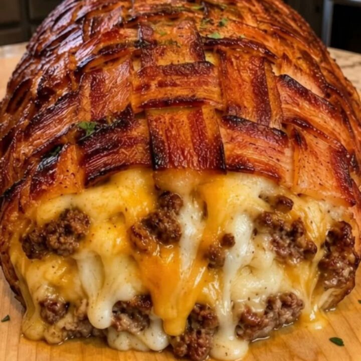A golden bacon-wrapped meatloaf resting on a wooden cutting board with oozing melted cheese.