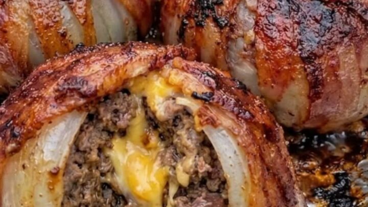 Close-up of a bacon-wrapped onion bomb resting on a white plate with melted cheese visible.