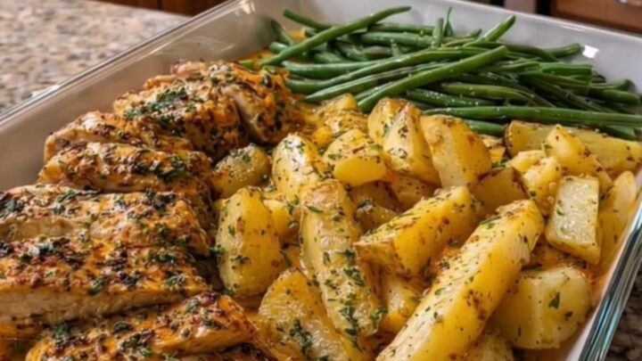 A clear glass baking dish filled with roasted chicken breasts, herb-seasoned potato slices, and vibrant green beans.