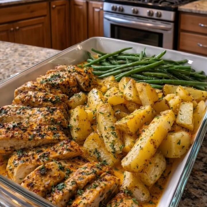 A clear glass baking dish filled with roasted chicken breasts, herb-seasoned potato slices, and vibrant green beans.