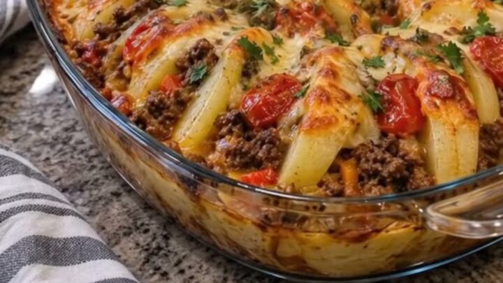 A steaming cheesy potato and ground beef casserole in an oval glass baking dish on a granite counter.