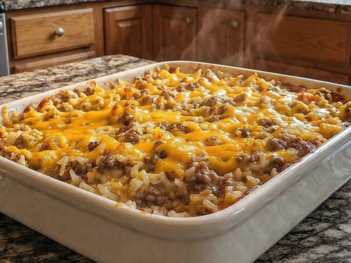 A steaming cheesy hamburger rice casserole in a white ceramic baking dish.