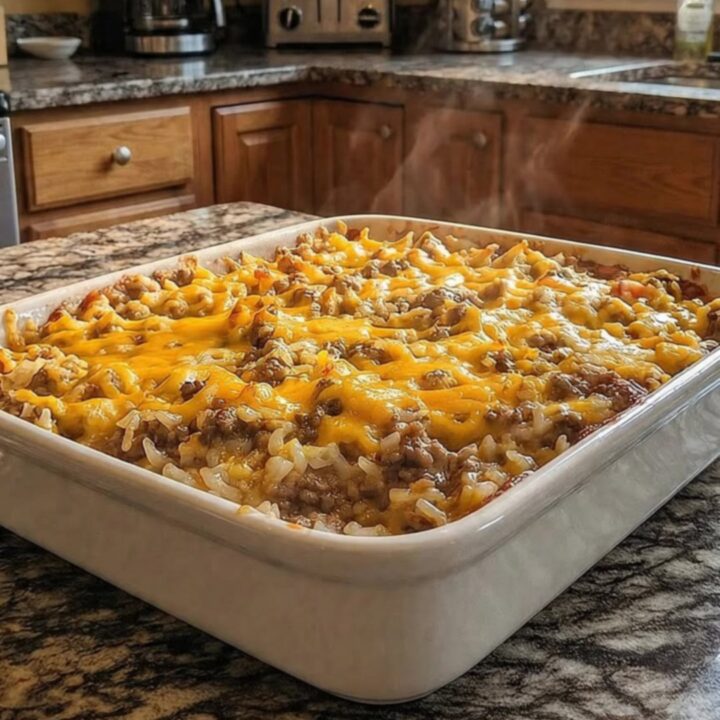 A steaming cheesy hamburger rice casserole in a white ceramic baking dish.