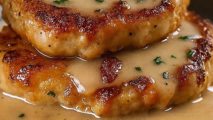 A golden, crispy country fried pork chop topped with a rich, creamy bacon gravy and fresh parsley.