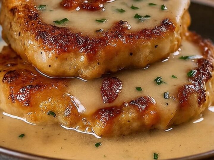 A golden, crispy country fried pork chop topped with a rich, creamy bacon gravy and fresh parsley.