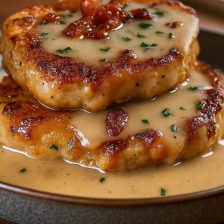 A golden, crispy country fried pork chop topped with a rich, creamy bacon gravy and fresh parsley.