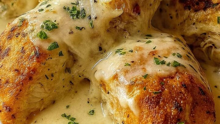 A golden, baked crescent pillow filled with creamy chicken and topped with a rich Parmesan sauce.