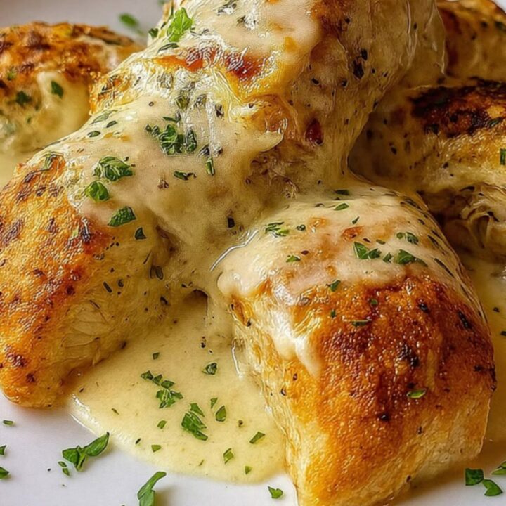 A golden, baked crescent pillow filled with creamy chicken and topped with a rich Parmesan sauce.