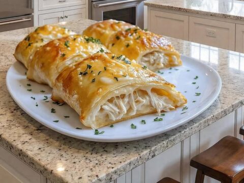 A golden-brown crescent roll being lifted from a white platter, showing stretchy melted cheese inside.