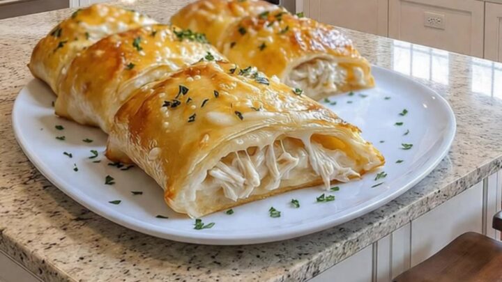 A golden-brown crescent roll being lifted from a white platter, showing stretchy melted cheese inside.