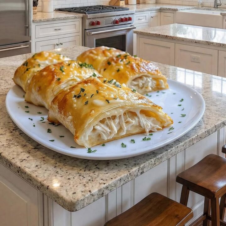 A golden-brown crescent roll being lifted from a white platter, showing stretchy melted cheese inside.