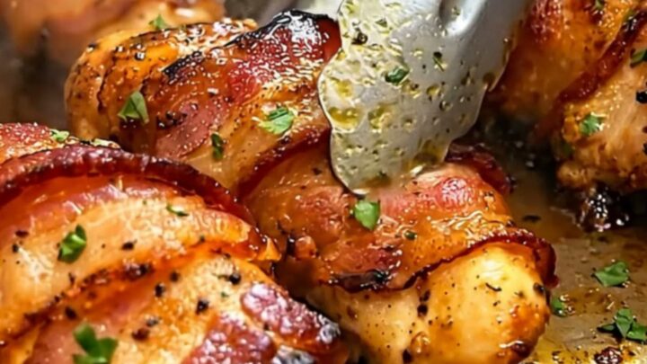 A close-up of crispy bacon-wrapped chicken drumsticks on a white plate with steam rising.