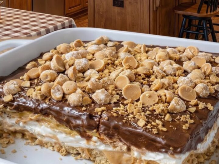 A slice of peanut butter crunch lasagna showing distinct layers of cookie crust, cream, and chocolate.