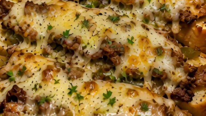 A close-up of a slice of Philly cheesesteak garlic bread bake being lifted with a spatula, showing melted cheese.